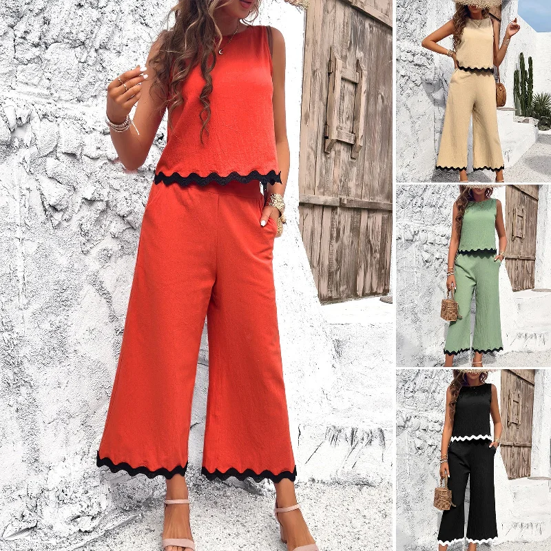 Summer Wave Print Suit Sleeveless Top And Straight Trousers Fashion Casual Solid Color 2pcs Set For Womens Clothing Trousers Elastic Waist Soft Summer Wave Print Suit Sleeveless Top And Straight Trousers Fashion Casual Solid Color 2pcs Set For Womens Clothing Trousers Elastic Waist Soft