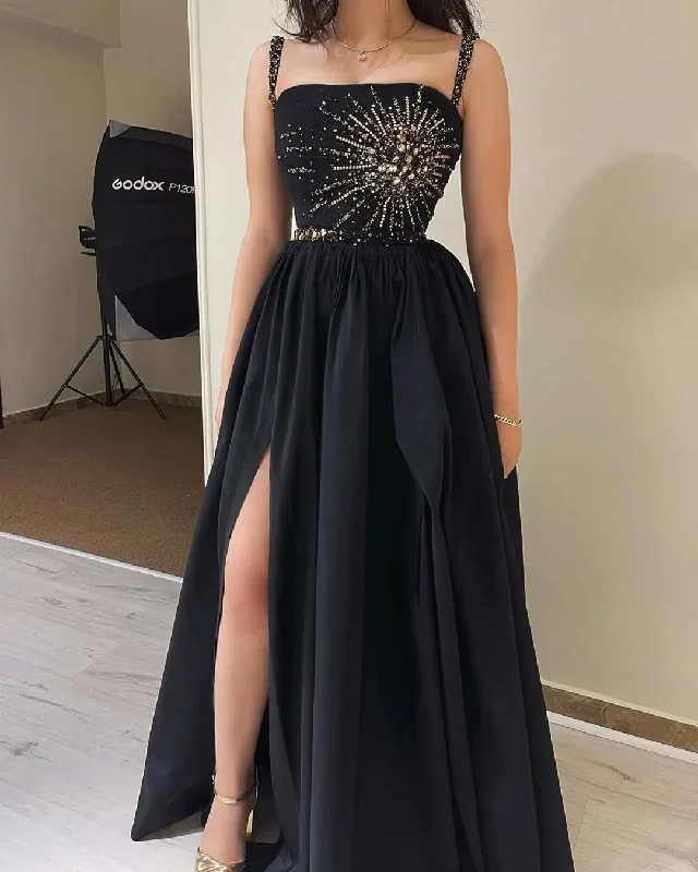 A-line Black Satin Prom Formal Dress With Pockets High Side Slit Party Gowns Long Beading Sleeveless Evening Dress A-line Black Satin Prom Formal Dress With Pockets High Side Slit Party Gowns Long Beading Sleeveless Evening Dress