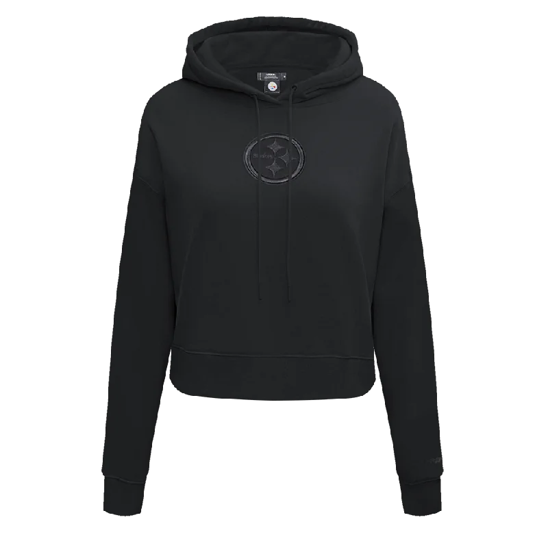 NFL PITTSBURGH STEELERS NEUTRAL CROPPED WOMEN'S PULLOVER HOODIE (BLACK) Flutter Sleeve Feminine NFL PITTSBURGH STEELERS NEUTRAL CROPPED WOMEN'S PULLOVER HOODIE (BLACK) Flutter Sleeve Feminine