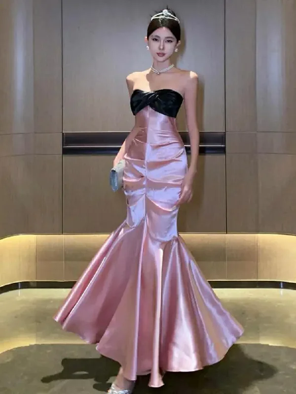Pink Black Patchwork Wrapped Hip Fishtail Long Dress Women Elegant Sleeveless Party Summer Backless Pleated Evening Dresses New Pink Black Patchwork Wrapped Hip Fishtail Long Dress Women Elegant Sleeveless Party Summer Backless Pleated Evening Dresses New
