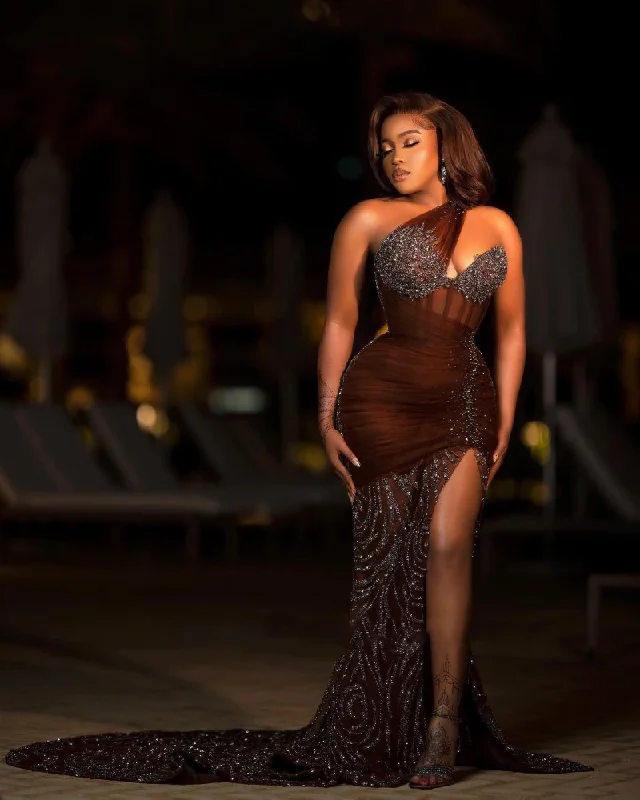 Luxury Lace Beading Brown African Prom Dresses One Shoulder Slit Chocolate Formal Evening Dress Aso Ebi Women Party Gowns Luxury Lace Beading Brown African Prom Dresses One Shoulder Slit Chocolate Formal Evening Dress Aso Ebi Women Party Gowns