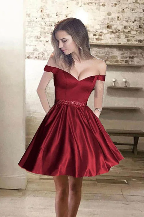 Burgundy Off the Shoulder Homecoming Dress Short Prom Dresses Party Gowns With Pocket Burgundy Off the Shoulder Homecoming Dress Short Prom Dresses Party Gowns With Pocket