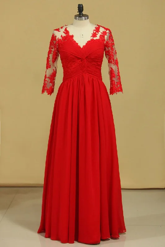 V Neck 3/4 Length Sleeve Chiffon Mother Of The Bride Dresses With Applique And Ruffles V Neck 3/4 Length Sleeve Chiffon Mother Of The Bride Dresses With Applique And Ruffles
