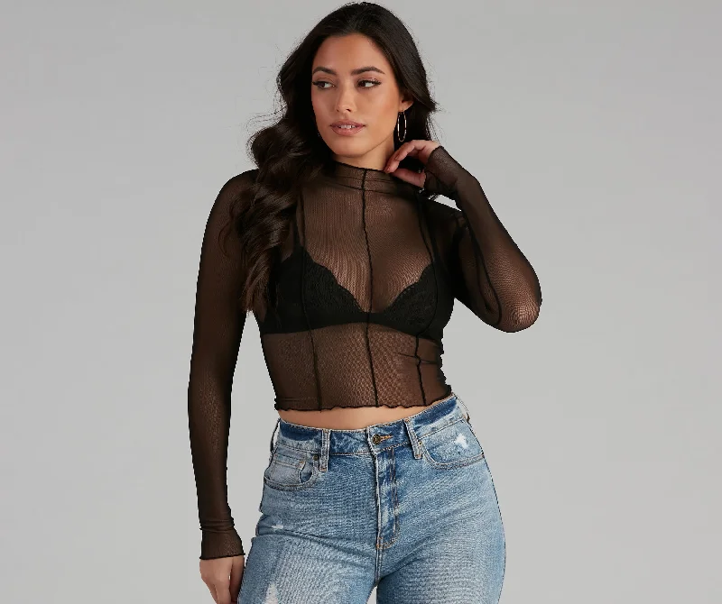 Mesh Moment Seam Crop Top Notch Collar Peter Pan Collar Cowl Neck