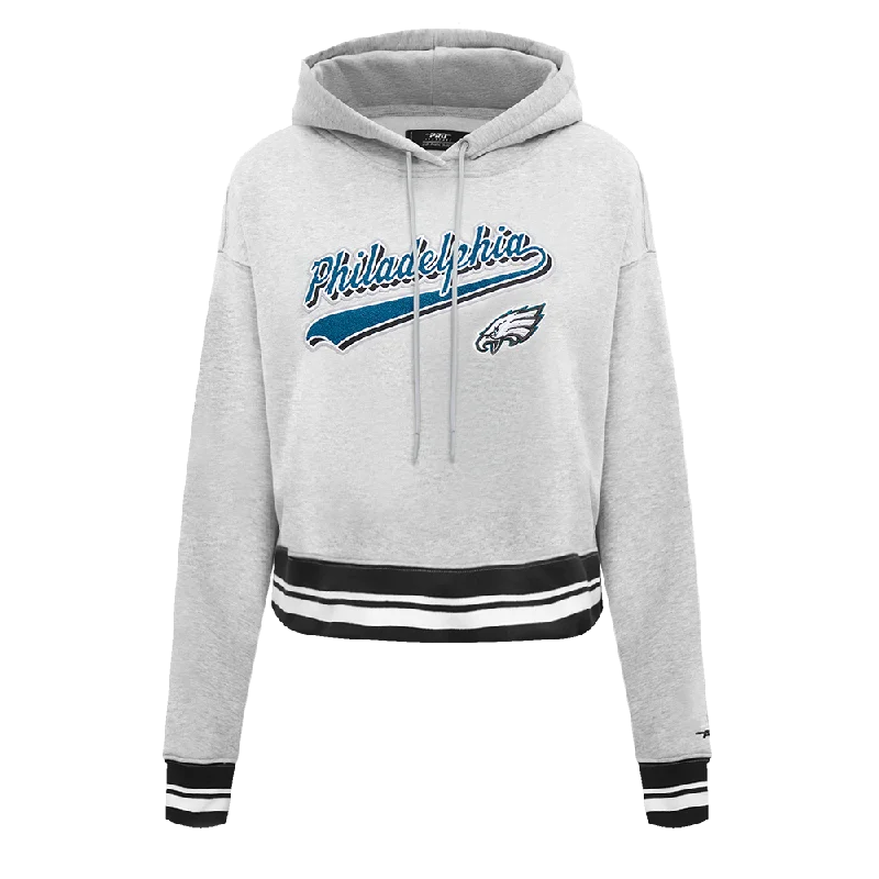 NFL PHILADELPHIA EAGLES SCRIPT TAIL WOMEN'S RIB FLEECE CROPPED PULLOVER HOODIE (HEATHER GRAY/BLACK) Short Puff Sleeve NFL PHILADELPHIA EAGLES SCRIPT TAIL WOMEN'S RIB FLEECE CROPPED PULLOVER HOODIE (HEATHER GRAY/BLACK) Short Puff Sleeve