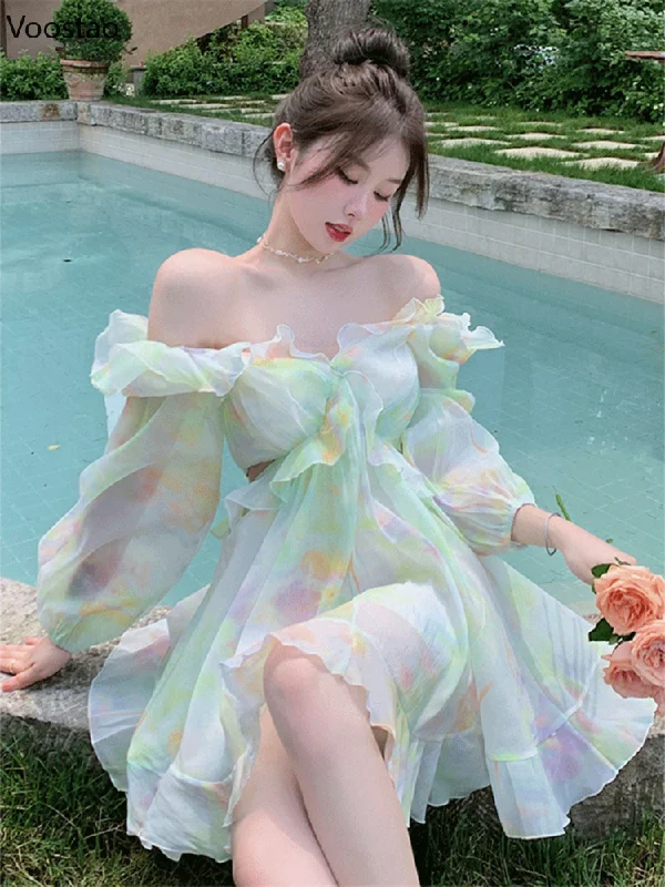 Pphmm France Sweet Tie-dyed Fairy Dress Women Elegant Chic Ruffles V-Neck Long Sleeve Princess Dresses Female Casual Beach Vestidos Pphmm France Sweet Tie-dyed Fairy Dress Women Elegant Chic Ruffles V-Neck Long Sleeve Princess Dresses Female Casual Beach Vestidos