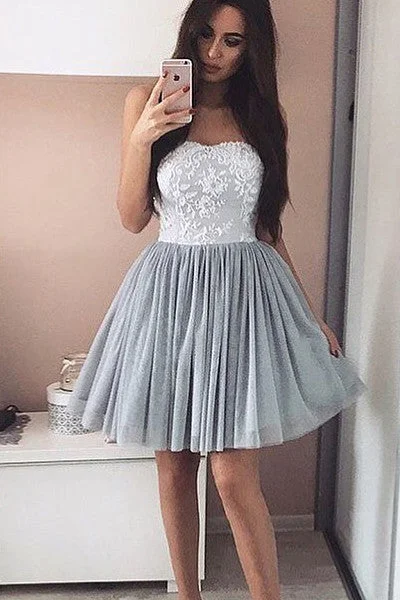 White Lace Strapless Silver Chiffon Short Charming Homecoming Dresses Party Gowns Prom Dresses White Lace Strapless Silver Chiffon Short Charming Homecoming Dresses Party Gowns Prom Dresses