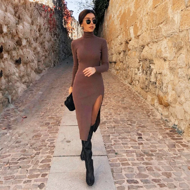 Women Long Sleeves High-Neck Elastic Midi Dress Knit Sweater Dress Casual Formal Business Women Long Sleeves High-Neck Elastic Midi Dress Knit Sweater Dress Casual Formal Business