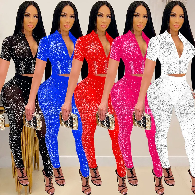 Women's Pure Color Mesh Rhinestone Short Sleeve Trousers Two-piece Set Wide Leg Loose Fit Mid Waist Women's Pure Color Mesh Rhinestone Short Sleeve Trousers Two-piece Set Wide Leg Loose Fit Mid Waist