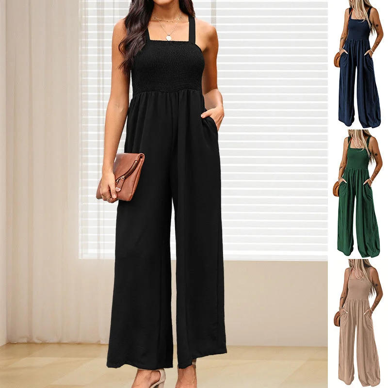 Summer Square Neck High Waist Jumpsuit Women's Backless Pleated Design Wide Leg Trousers Clothing Trousers Print Floral Summer Square Neck High Waist Jumpsuit Women's Backless Pleated Design Wide Leg Trousers Clothing Trousers Print Floral
