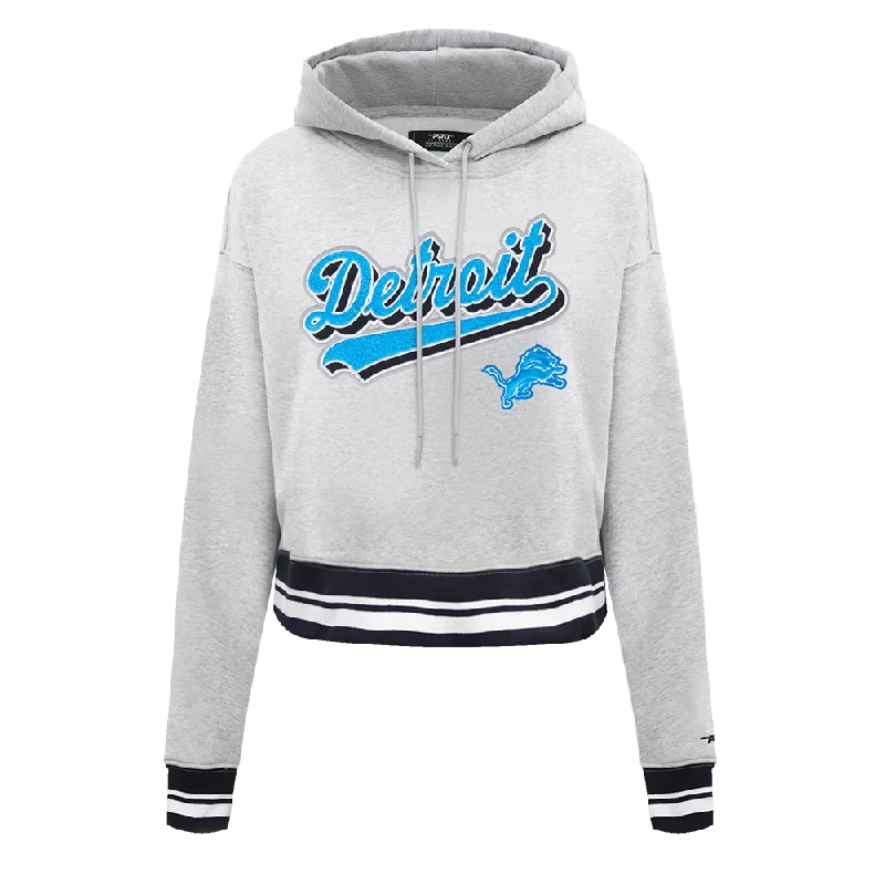 NFL DETROIT LIONS SCRIPT TAIL WOMEN'S RIB FLEECE CROPPED PULLOVER HOODIE (HEATHER GRAY/BLACK) Hooded Pullover Sweater NFL DETROIT LIONS SCRIPT TAIL WOMEN'S RIB FLEECE CROPPED PULLOVER HOODIE (HEATHER GRAY/BLACK) Hooded Pullover Sweater