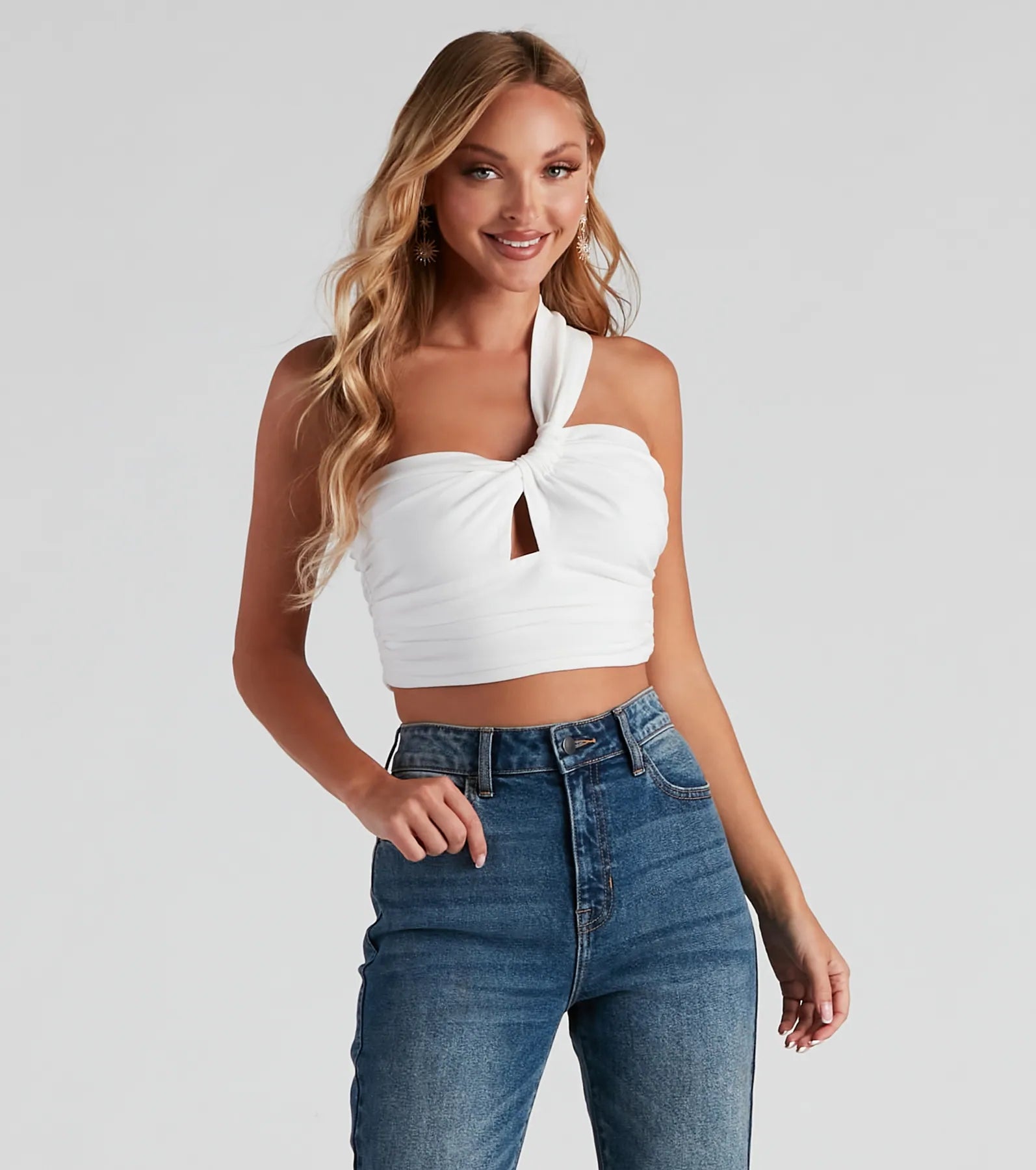 One Sided Linen Ruched Crop Top Solid Color Striped Floral