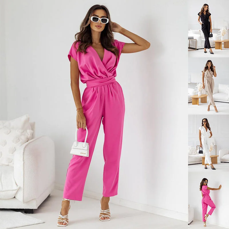 Fashion Solid Color Slimming Short-sleeved Jumpsuit Summer Lace-up Trousers Womens Clothing Trousers Striped Patterned Fashion Solid Color Slimming Short-sleeved Jumpsuit Summer Lace-up Trousers Womens Clothing Trousers Striped Patterned