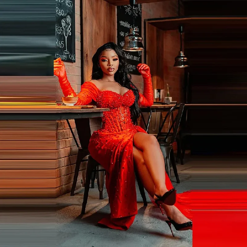 Major Pearls Slit Mermaid Evening Dresses Off The Shoulder Long Sleevs Plus Size Prom Dress Aso Ebi Party Gowns To Christmas Major Pearls Slit Mermaid Evening Dresses Off The Shoulder Long Sleevs Plus Size Prom Dress Aso Ebi Party Gowns To Christmas