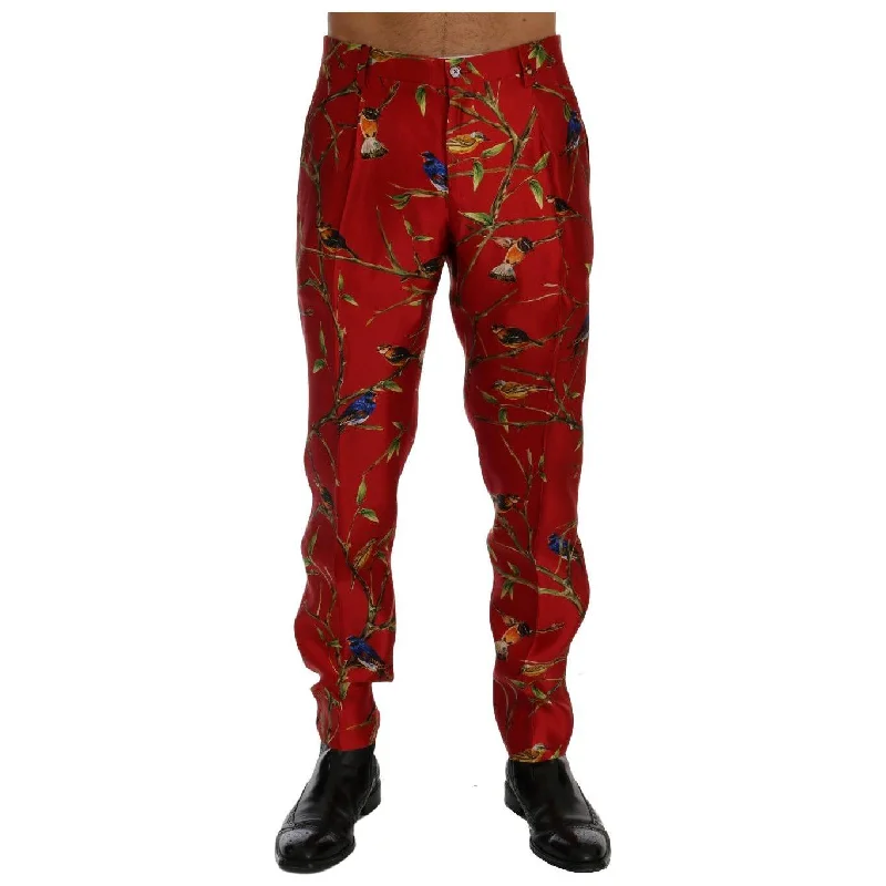 Dolce & Gabbana Elegant Silk Dress Trousers in Red Bird Print Trousers chic fashionable Dolce & Gabbana Elegant Silk Dress Trousers in Red Bird Print Trousers chic fashionable