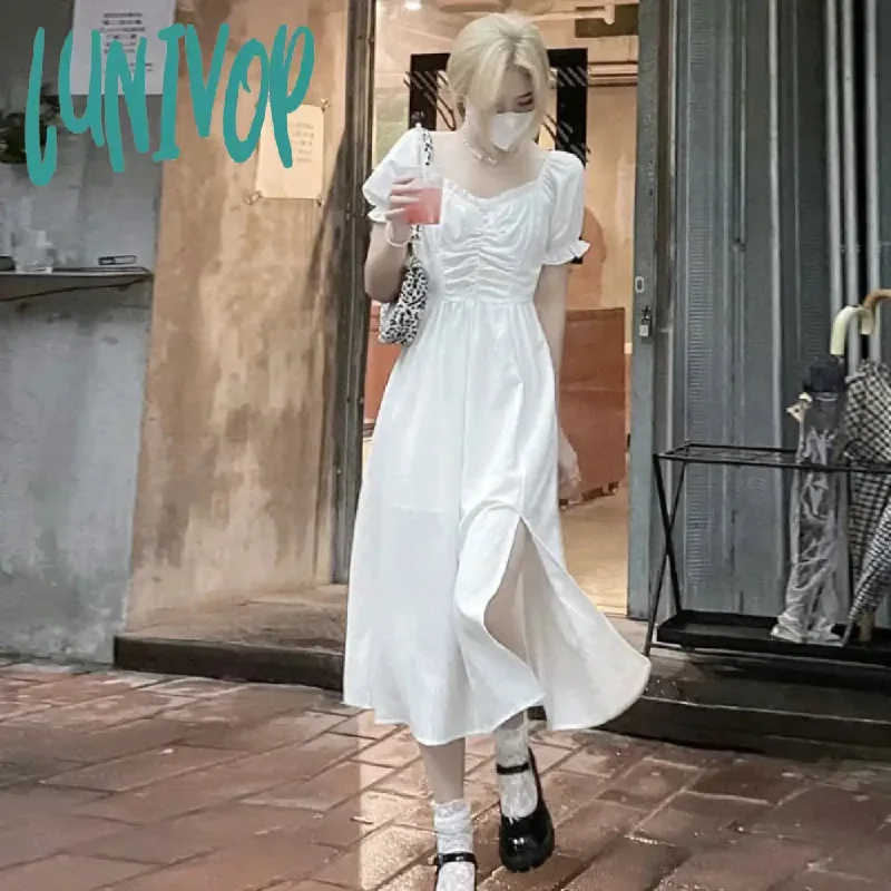 Lunivop Fairycore Vintage Long Dress for Women Girl Midi White Dress Puff Sleeve Fairy Core Style Clothes Elegant Clothing