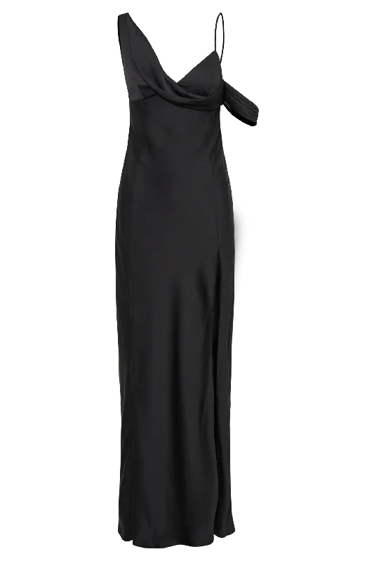 Soleil Satin Off Shoulder Maxi Dress - Black